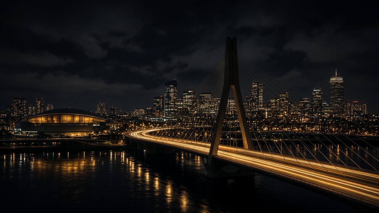 The city skyline and a bridge lit up at night