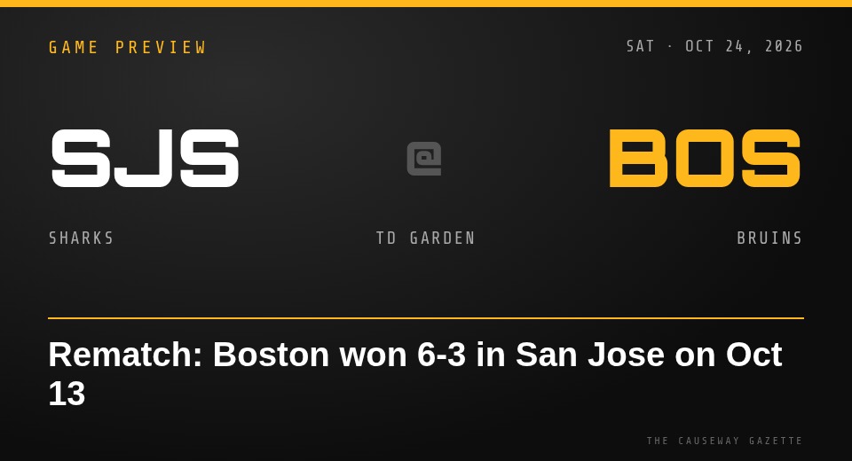 Second Helping: Bruins Host Celebrini and the Sharks Tonight